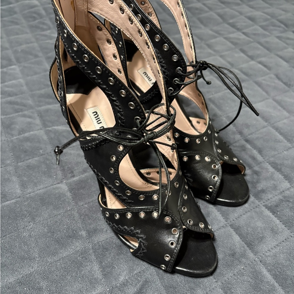 Miu Miu Black Leather Grommet Cage Heels